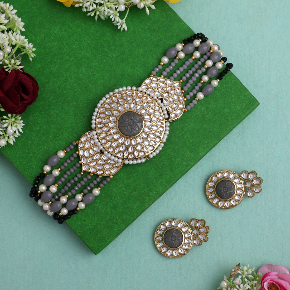 Grey Color Beautiful Kundan & Carving Stone Choker Necklace Of Jaipur (KN1463GRY) - Preyans.com