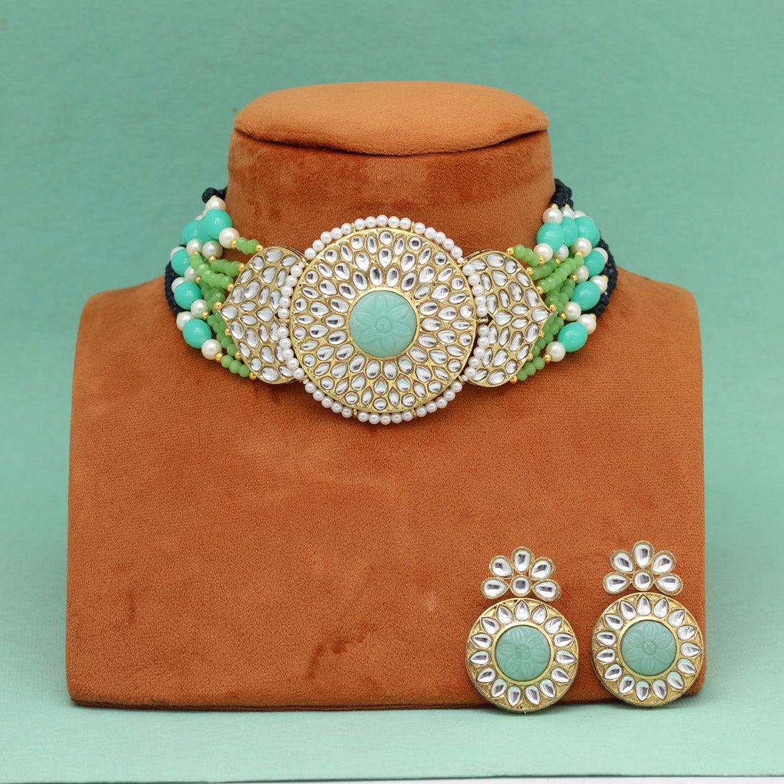 Light Green Color Beautiful Kundan & Carving Stone Choker Necklace Of Jaipur (KN1463LGRN) - Preyans.com