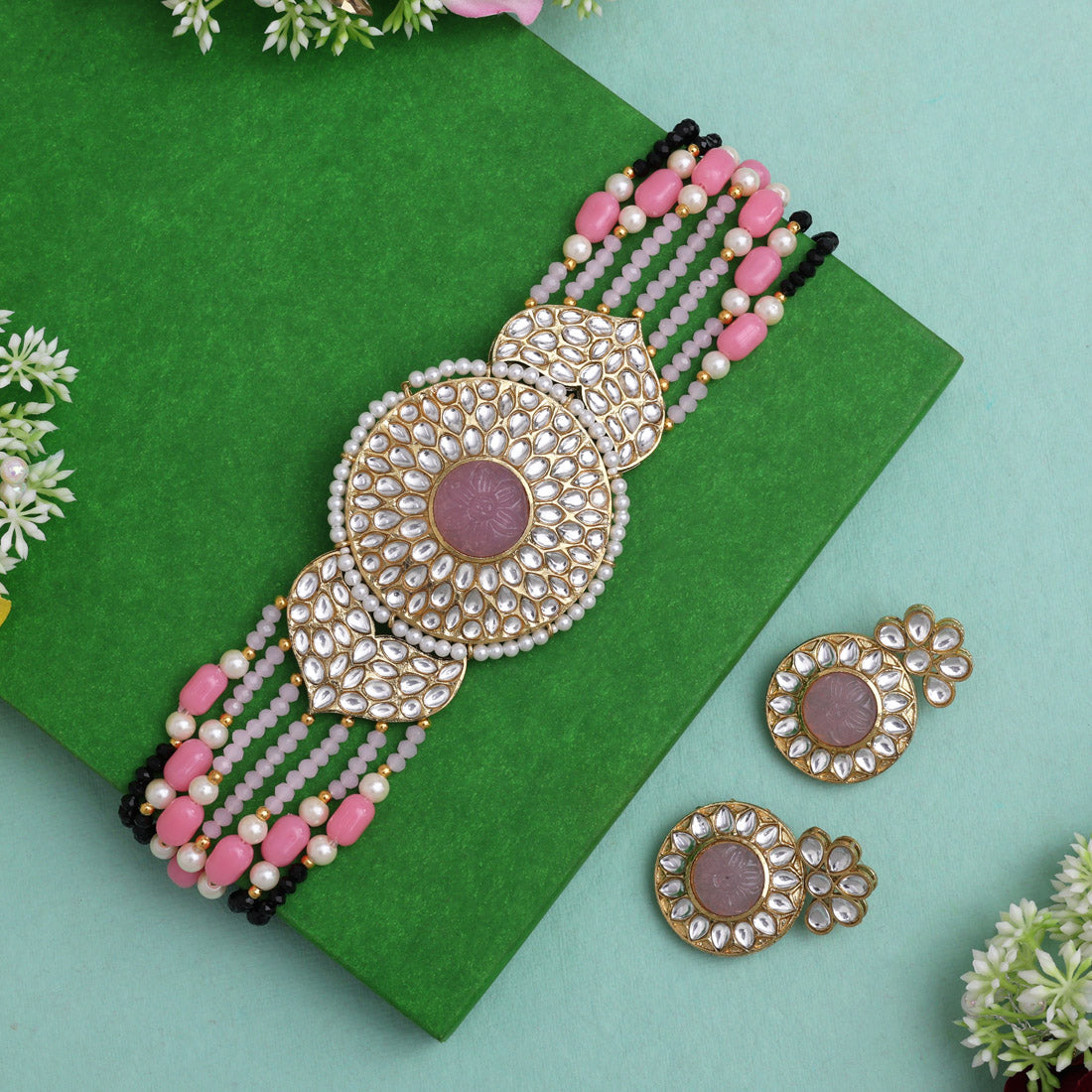 Pink Color Beautiful Kundan & Carving Stone Choker Necklace Of Jaipur (KN1463PNK) - Preyans.com