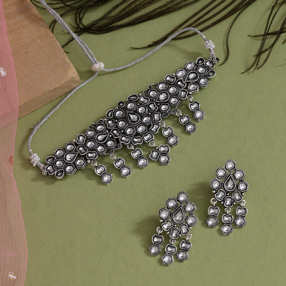 Silver Color Choker Oxidised Kundan Necklace Set - Preyans.com
