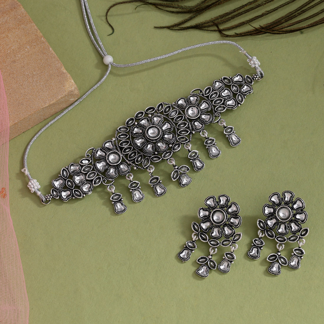 Silver Color Choker Oxidised Kundan Necklace Set - Preyans.com