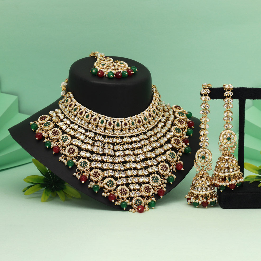 Maroon & Green Color Kundan Necklace Set Crafted For Wedding Functions - Preyans.com