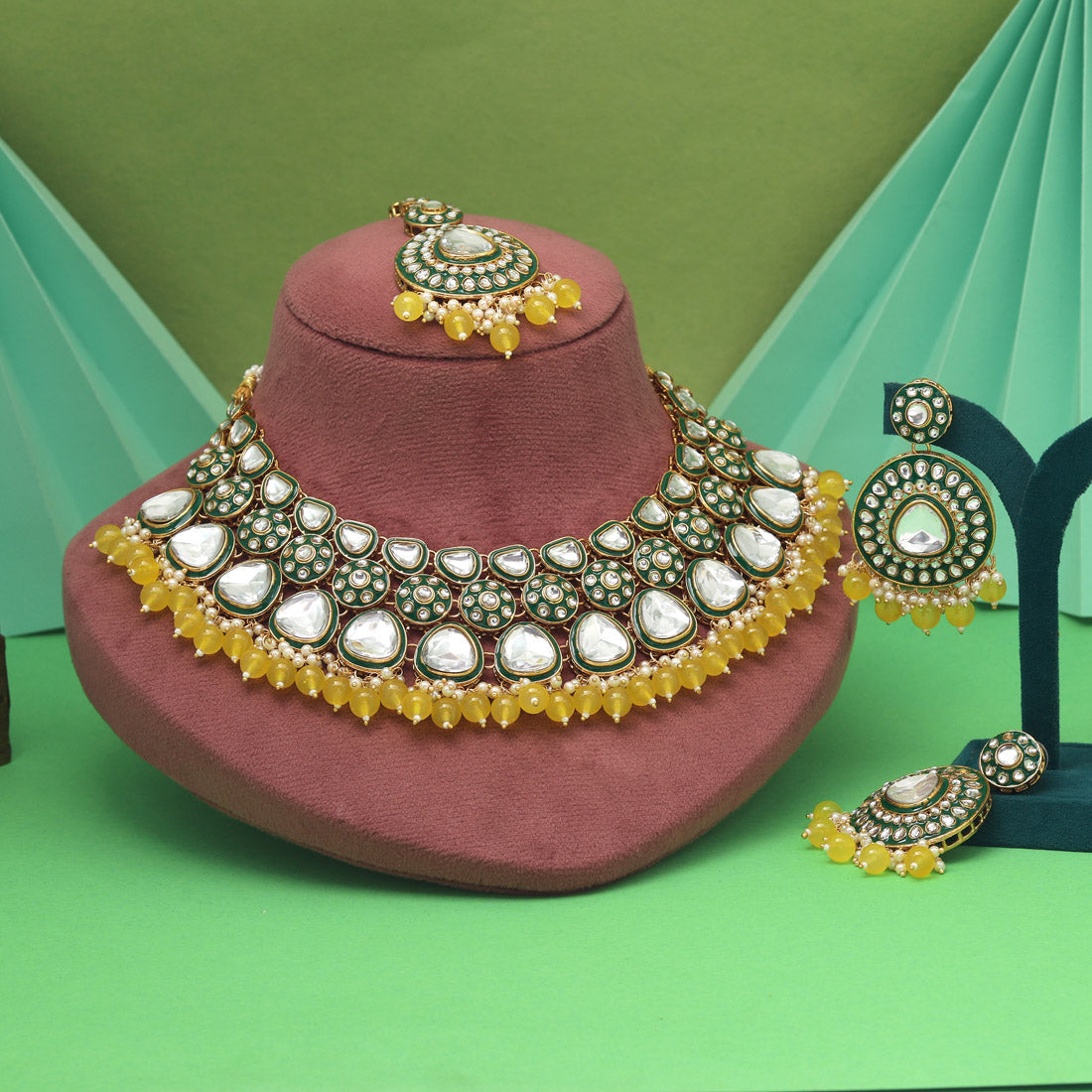 Yellow Color Meena Work Kundan Necklace Set For Traditional Festive Vibe - Preyans.com