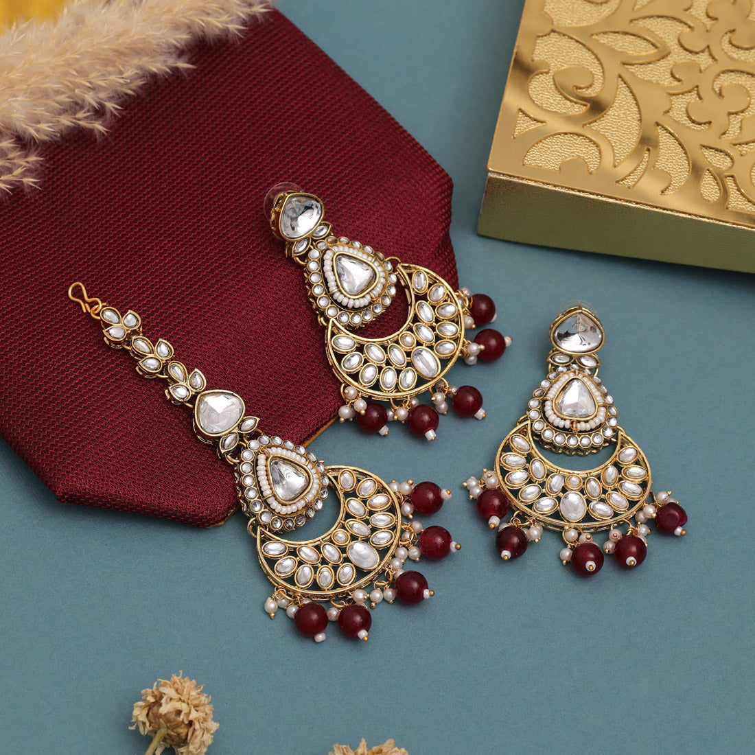 Designer Maroon Color Kundan Necklace Set For Classic Indian Outfits - Preyans.com