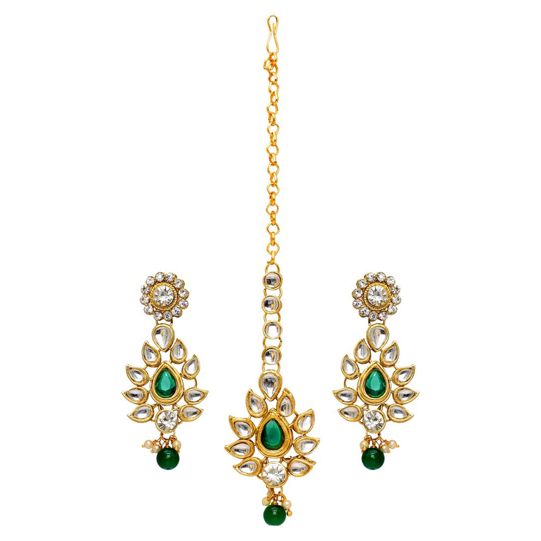 Green Color Imitation Pearl & Kundan Necklace With Earrings & Maang Tikka (KN163GRN) - Preyans.com