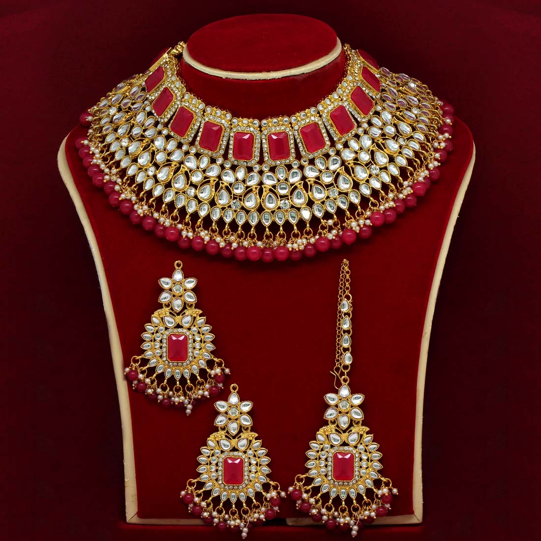 Rani Color Kundan Bridal Choker Necklace Set (KN886RNI) - preyans.com