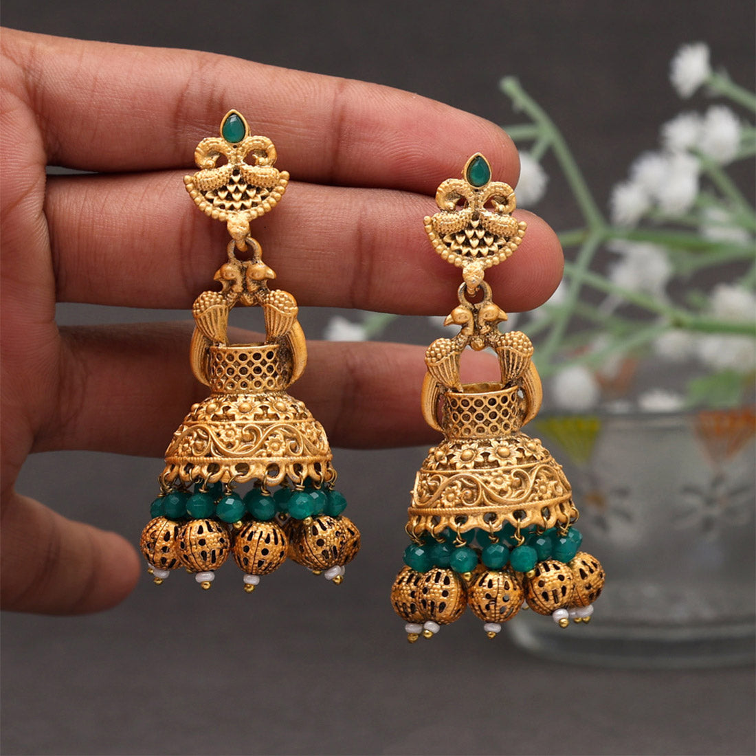 Green Color Matte Gold Earrings (MGE246GRN) - Preyans.com