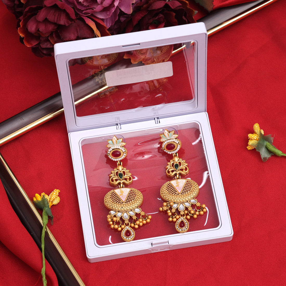 Rani & Green Color Meena Work Rajwadi Matte Gold Earrings (MGE304RNIGRN) - preyans.com