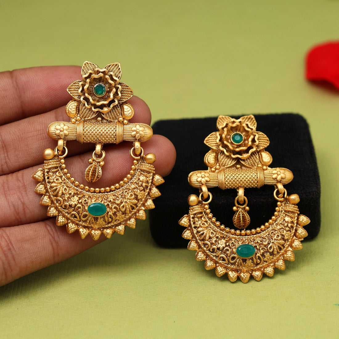 Green Color Rajwadi Matte Gold Earrings (MGE318GRN) - Preyans.com