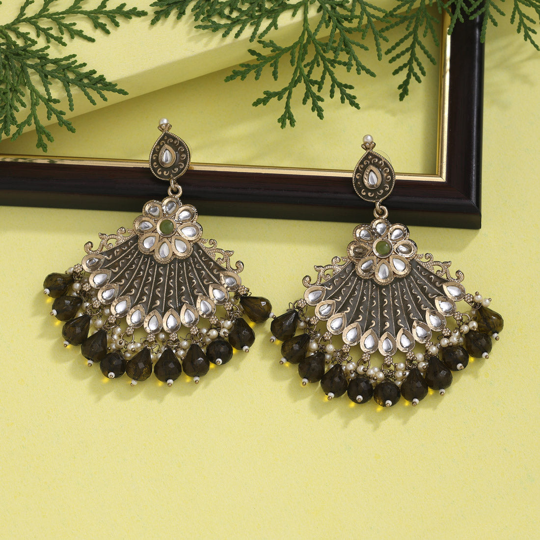 Mehandi Green Color Kundan Meenakari Earrings (MKE1995MGRN) - preyans.com