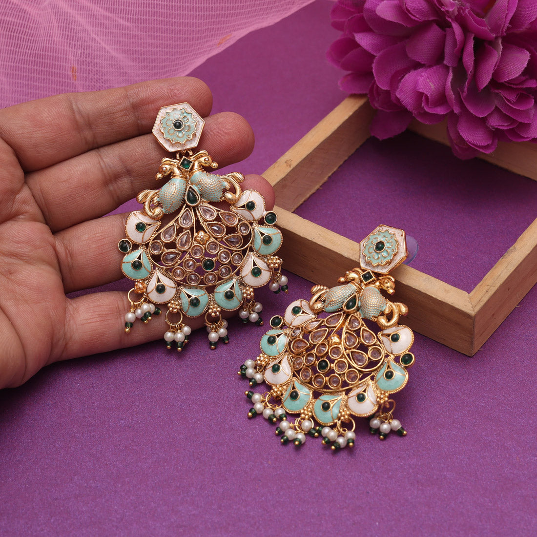 Green Color Kundan Meenakari Earrings (MKE2011GRN) - Preyans.com