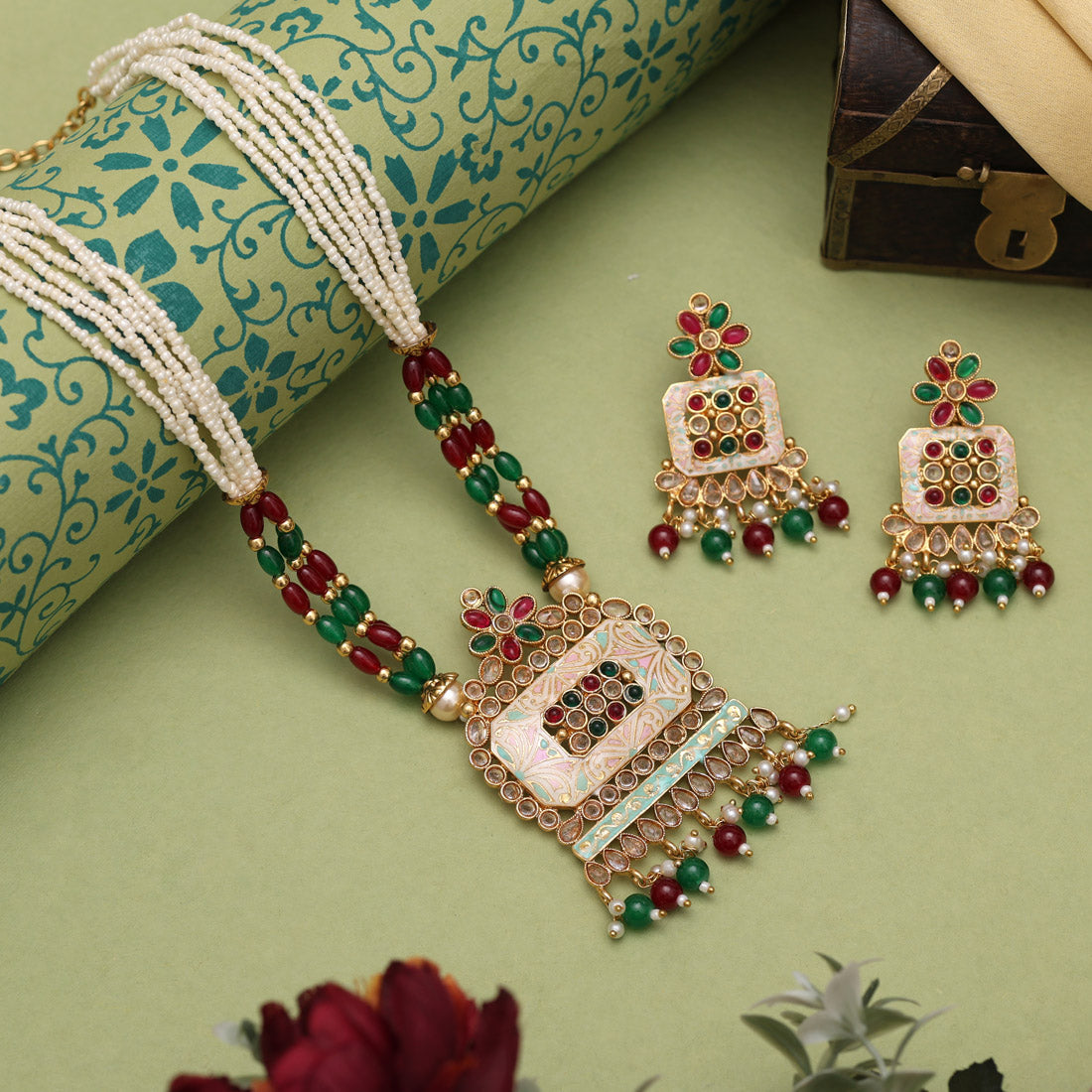 Maroon & Green Color Matte Gold Meenakari Necklace Set (MKN619MG) - Preyans.com