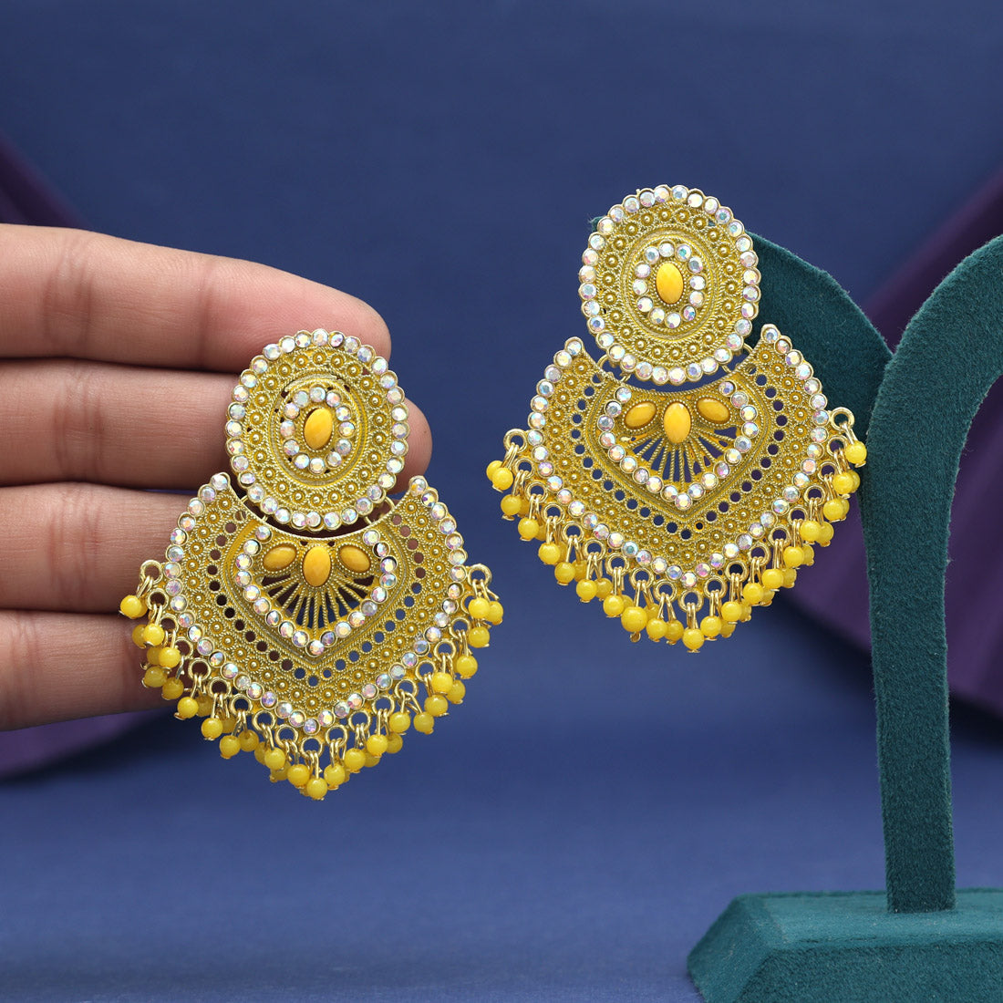Yellow Color Glass Stone Mint Meena Earrings - Preyans.com