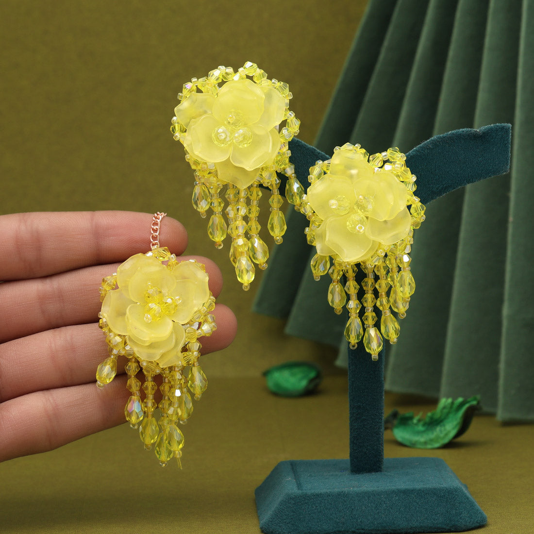 Yellow Color Stone Earrings With Maang Tikka (MTKE478YLW) - Preyans.com