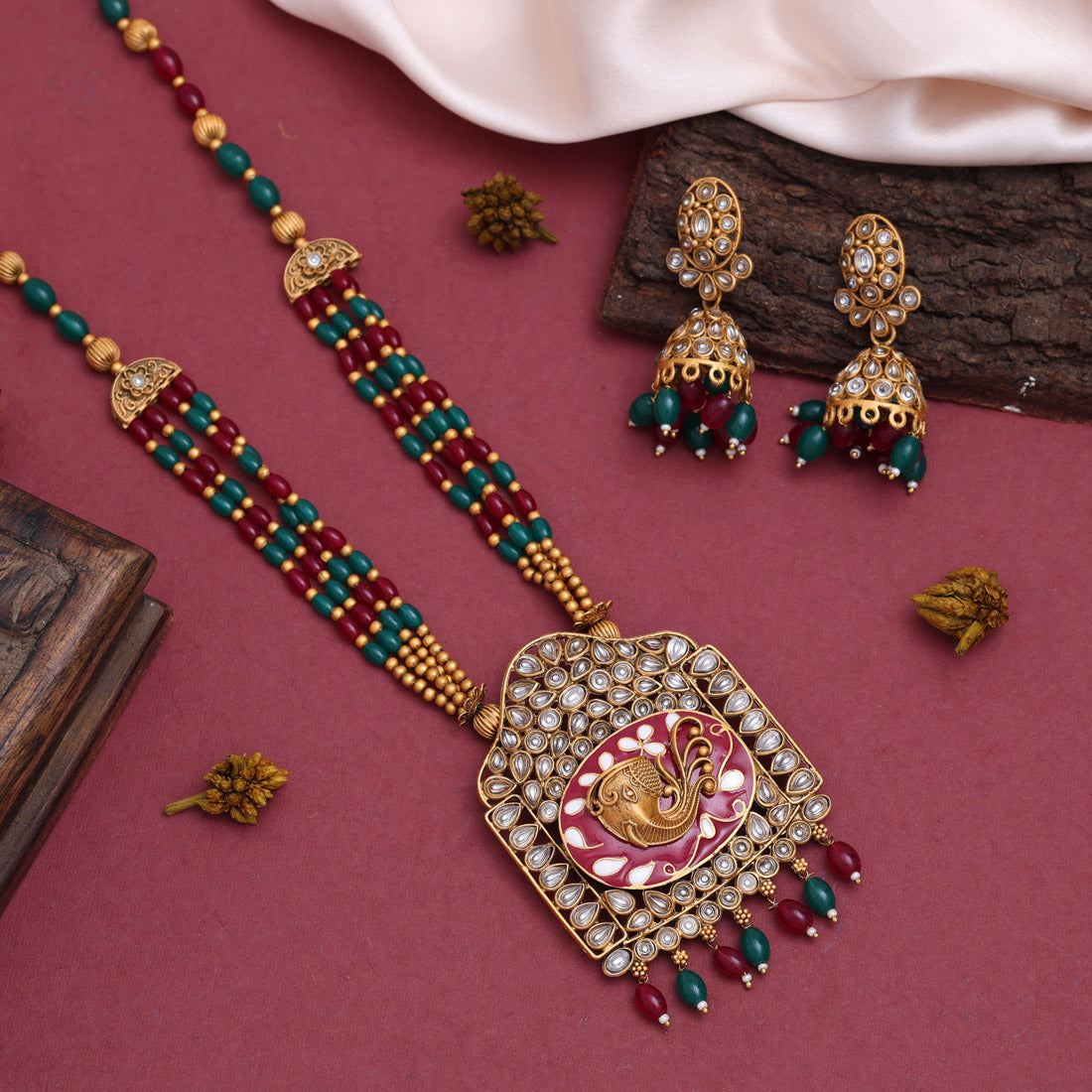 Rani & Green Color Meena Work Matte Gold Rajwadi Temple Necklace Set (TPLN585RNIGRN) - preyans.com