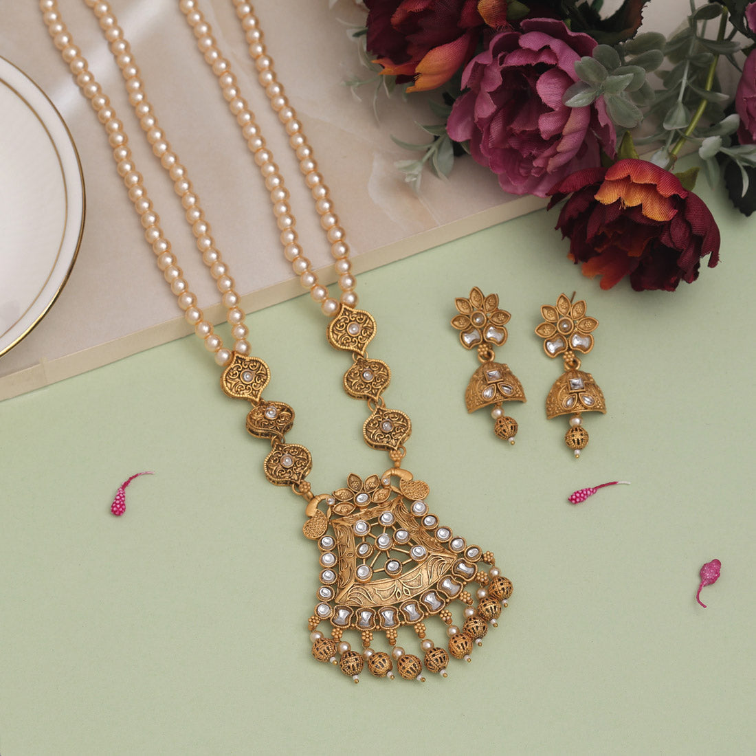 Gold Color Rajwadi Matte Gold Necklace Set (TPLN638GLD) - preyans.com