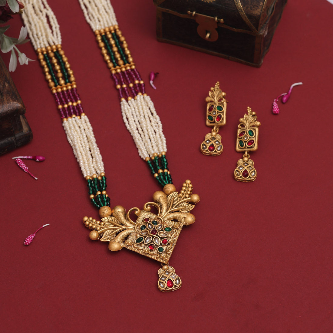 Rani & Green Color Rajwadi Matte Gold Necklace Set (TPLN639RNIGRN) - preyans.com