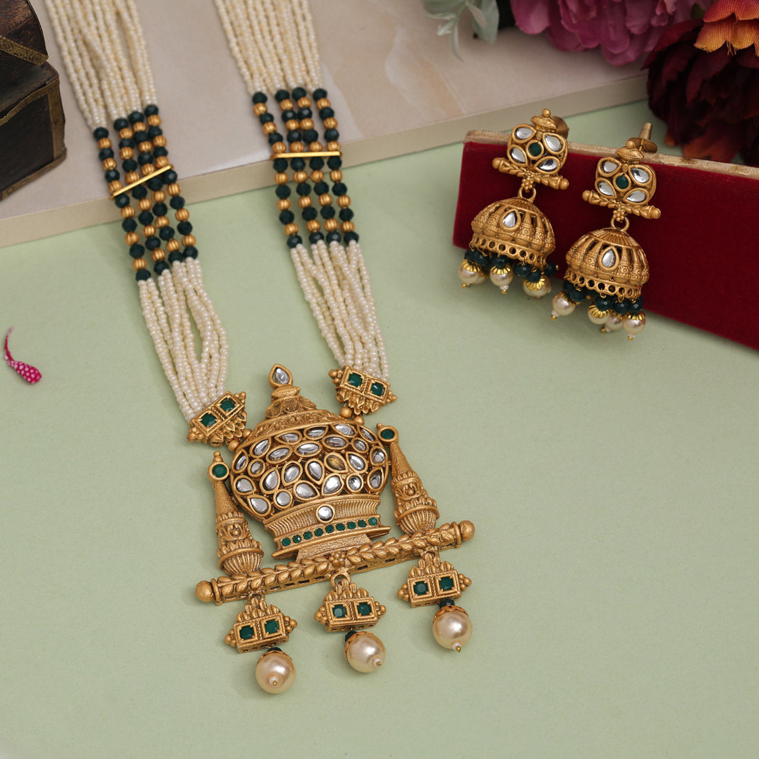 Green Color Rajwadi Matte Gold Necklace Set (TPLN644GRN) - preyans.com