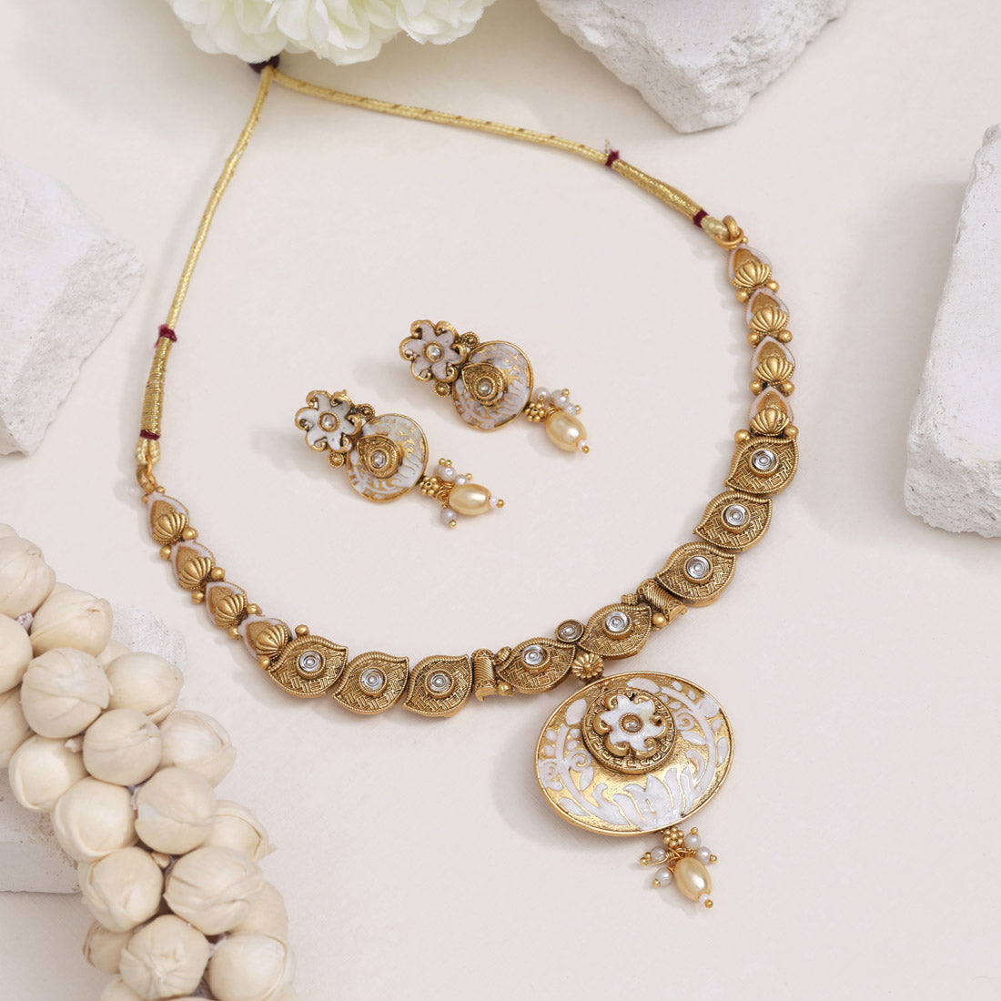 Gold Color Meena Work Matte Gold Rajwadi Temple Necklace Set (TPLN657GLD) - Preyans.com