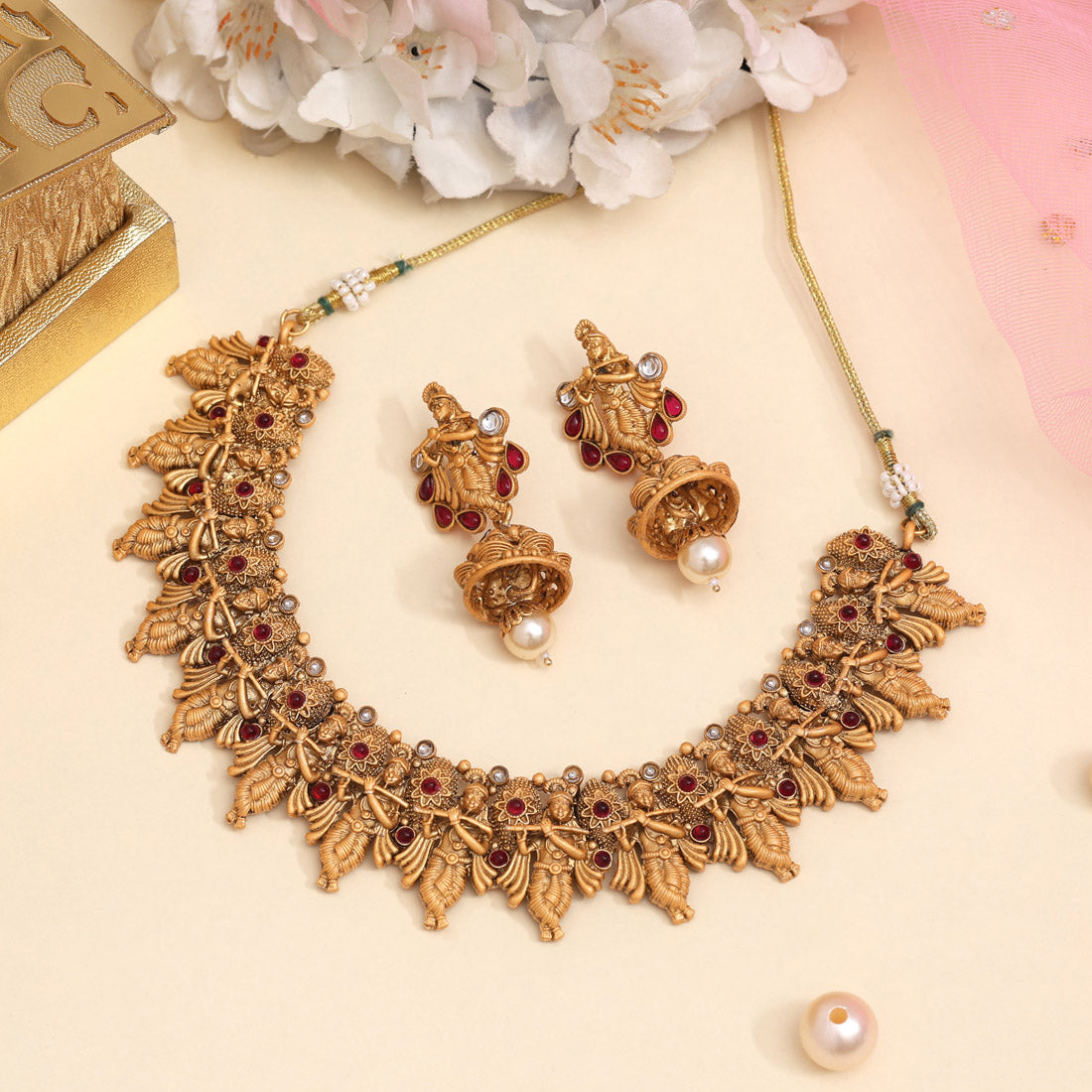 Rani Color Matte Gold Rajwadi Temple Necklace Set (TPLN659RNI) - Preyans.com