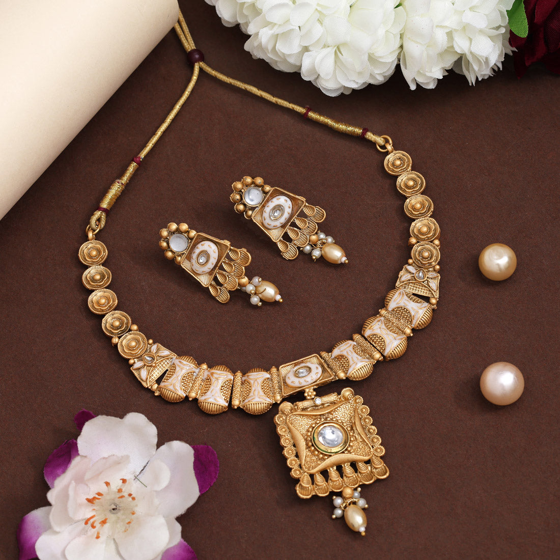 Gold Color Meena Work Matte Gold Rajwadi Temple Necklace Set (TPLN662GLD) - Preyans.com