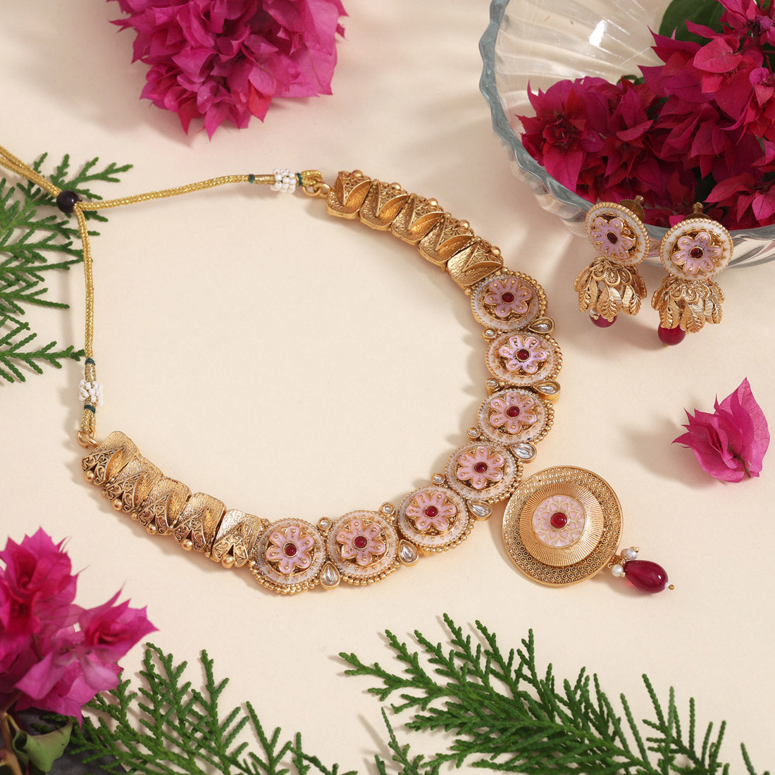 Rani Color Matte Gold Rajwadi Temple Necklace Set (TPLN673RNI) - Preyans.com