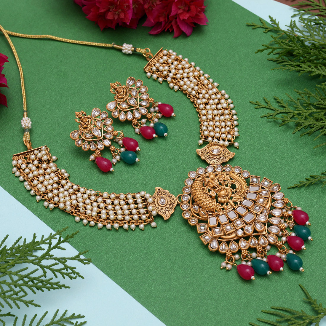 Rani & Green Color Matte Gold Rajwadi Temple Necklace Set (TPLN686RNIGRN) - Preyans.com