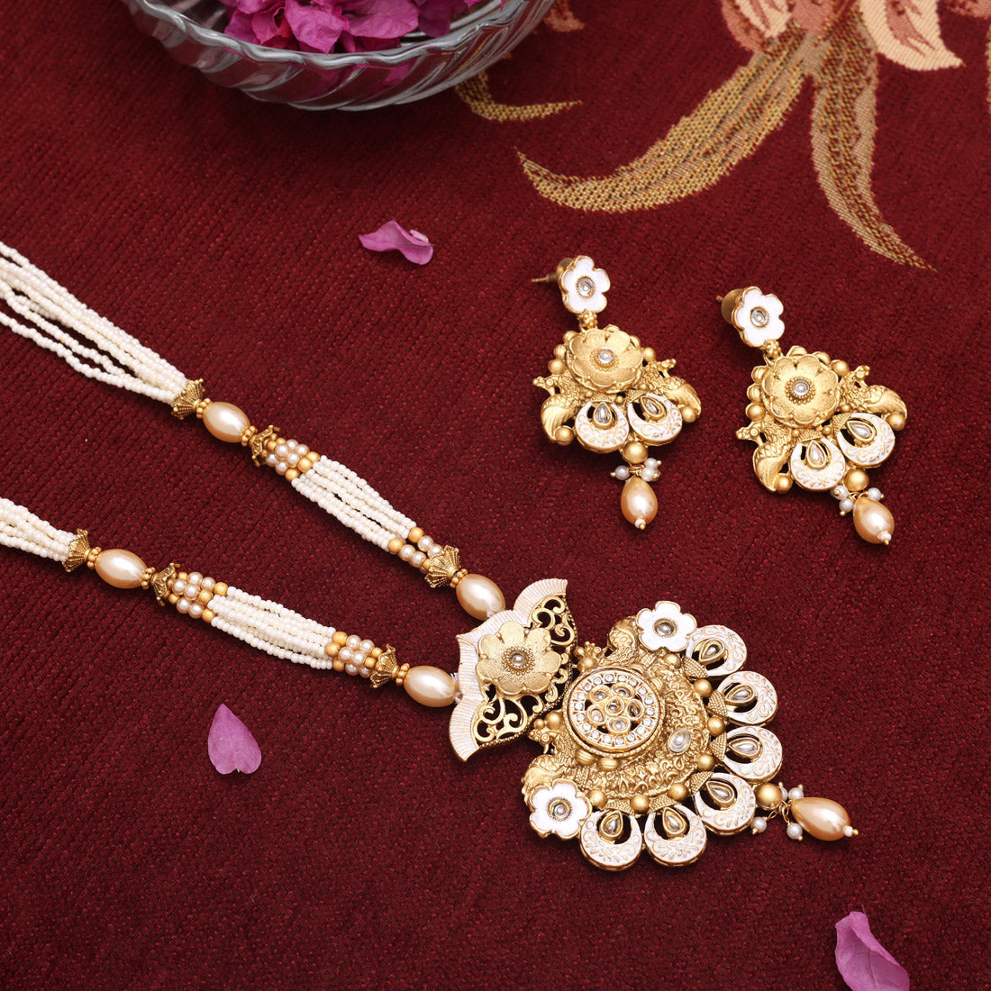 Gold Color Meena Work Matte Gold Rajwadi Temple Necklace Set (TPLN689GLD) - Preyans.com