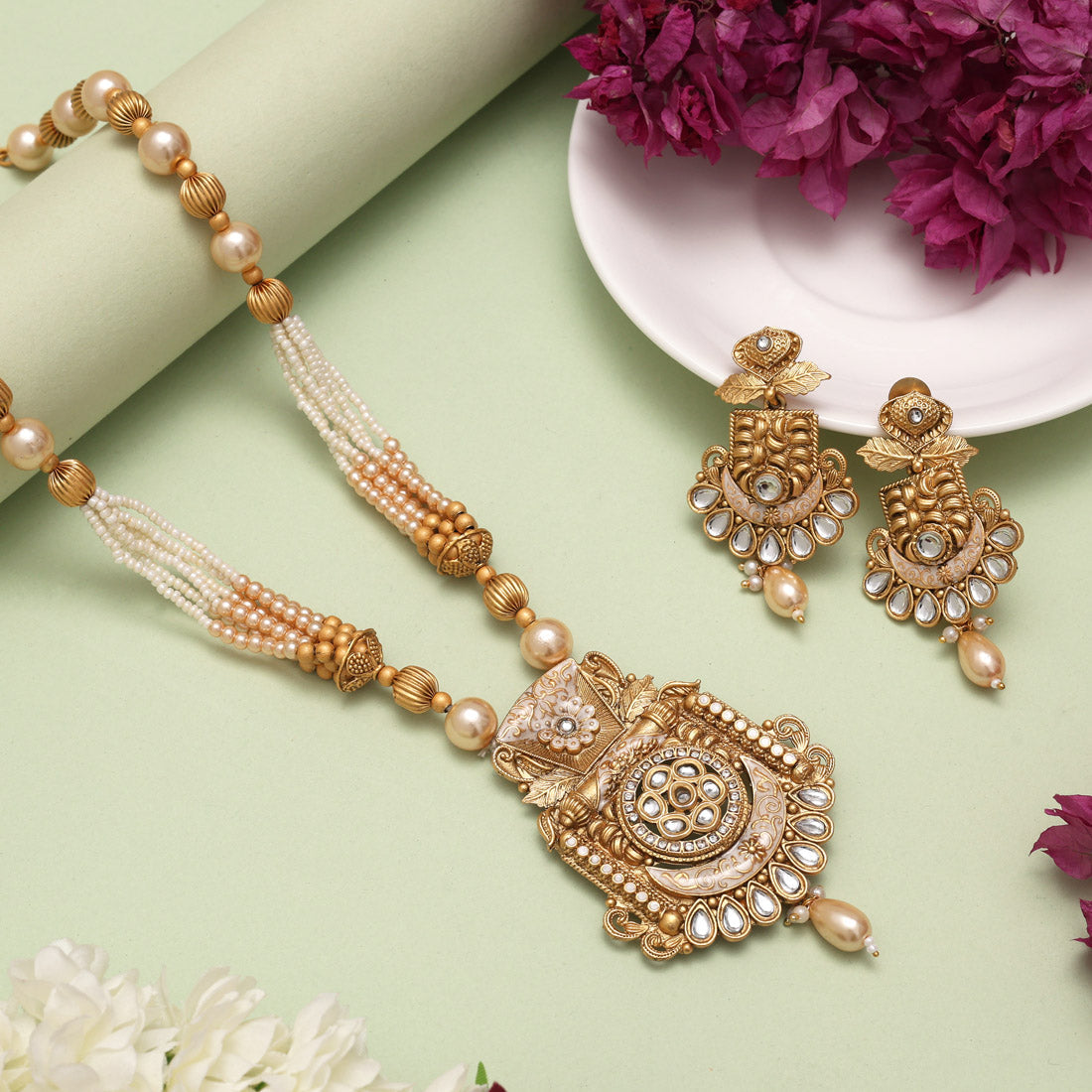 Gold Color Meena Work Matte Gold Rajwadi Temple Necklace Set (TPLN695GLD) - Preyans.com