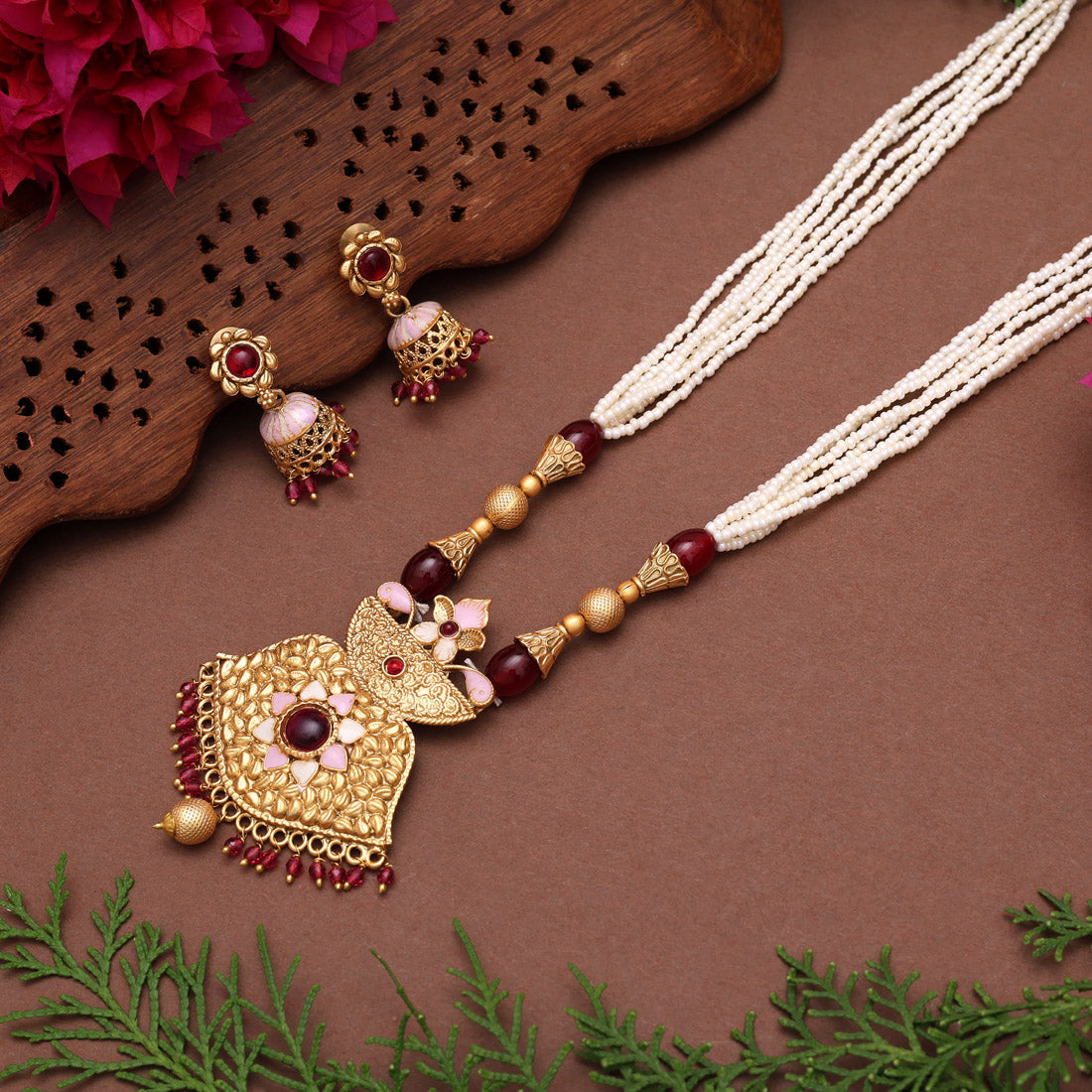 Maroon Color Meena Work Matte Gold Rajwadi Temple Necklace Set (TPLN698MRN) - Preyans.com