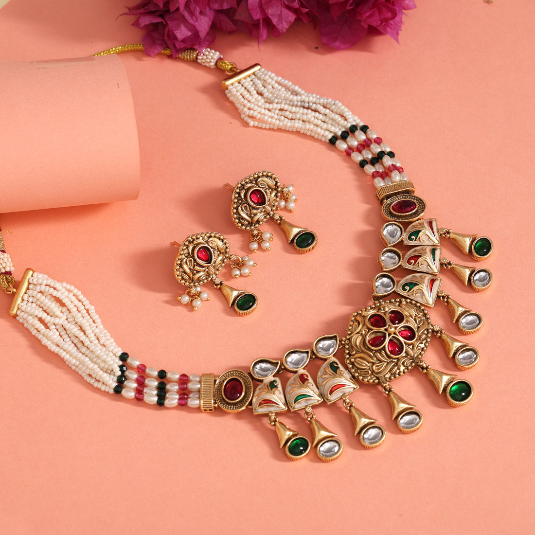 Rani & Green Color Matte Gold Rajwadi Temple Necklace Set (TPLN701RNIGRN) - Preyans.com