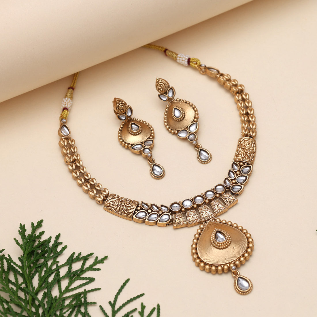 Gold Color Matte Gold Rajwadi Temple Necklace Set (TPLN719GLD) - Preyans.com