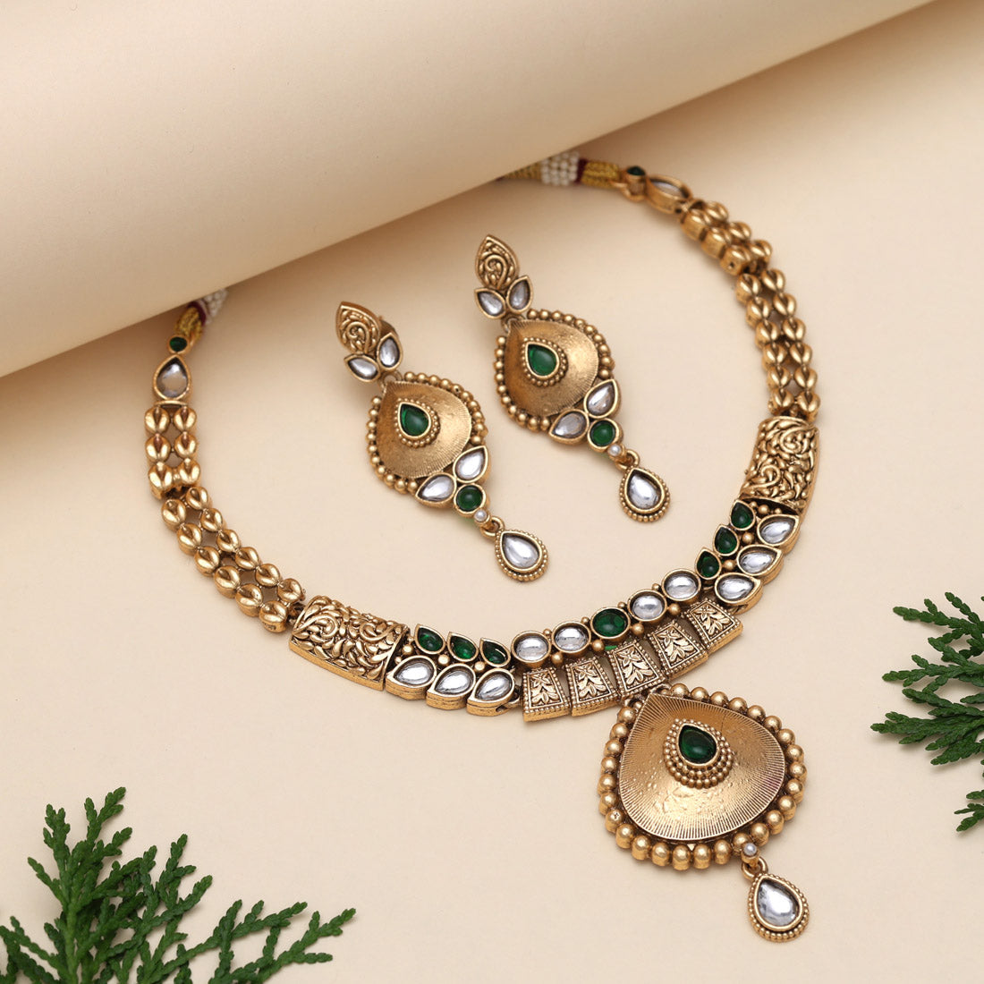 Green Color Matte Gold Rajwadi Temple Necklace Set (TPLN719GRN) - Preyans.com