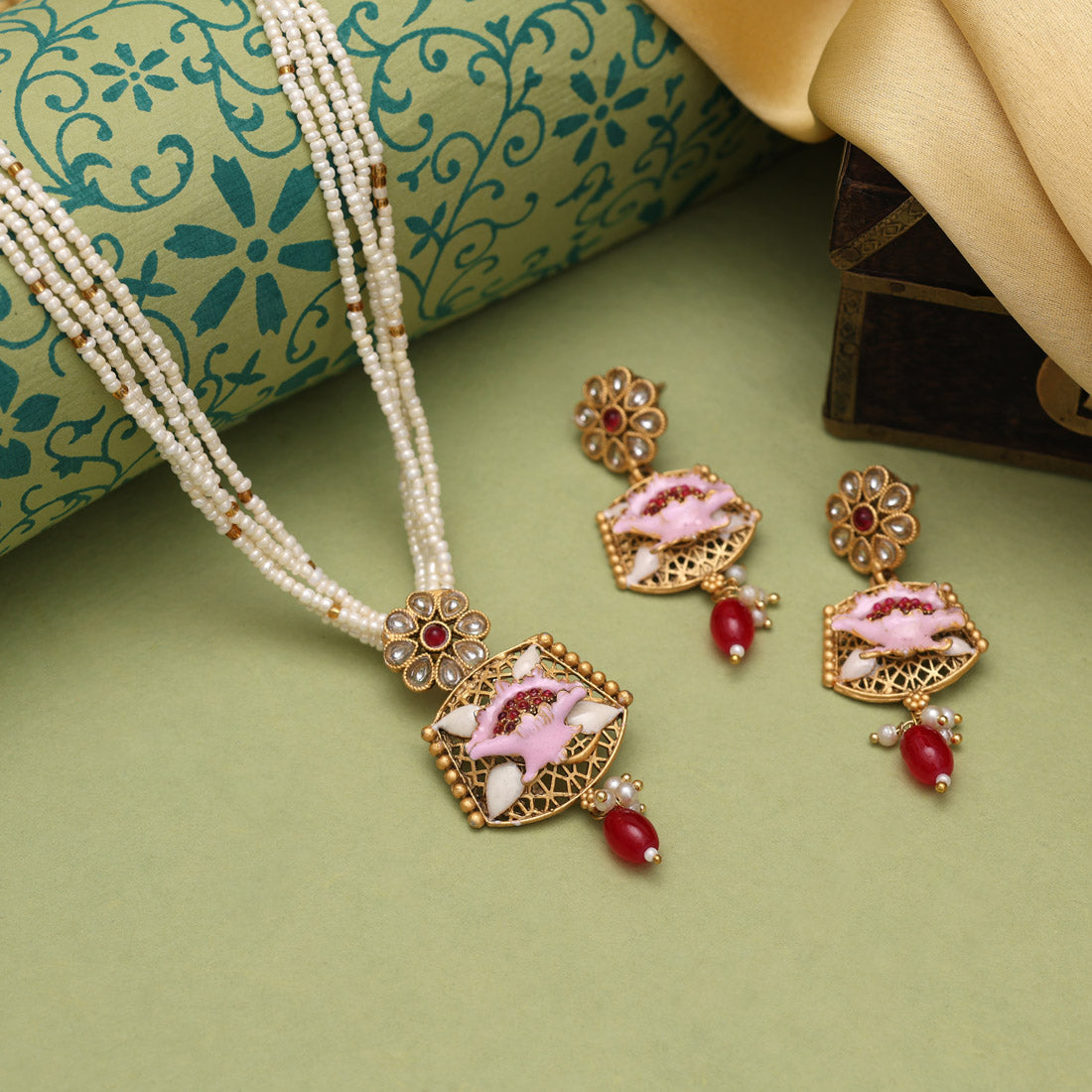 Rani Color Meena Work Matte Gold Rajwadi Temple Necklace Set (TPLN731RNI) - Preyans.com