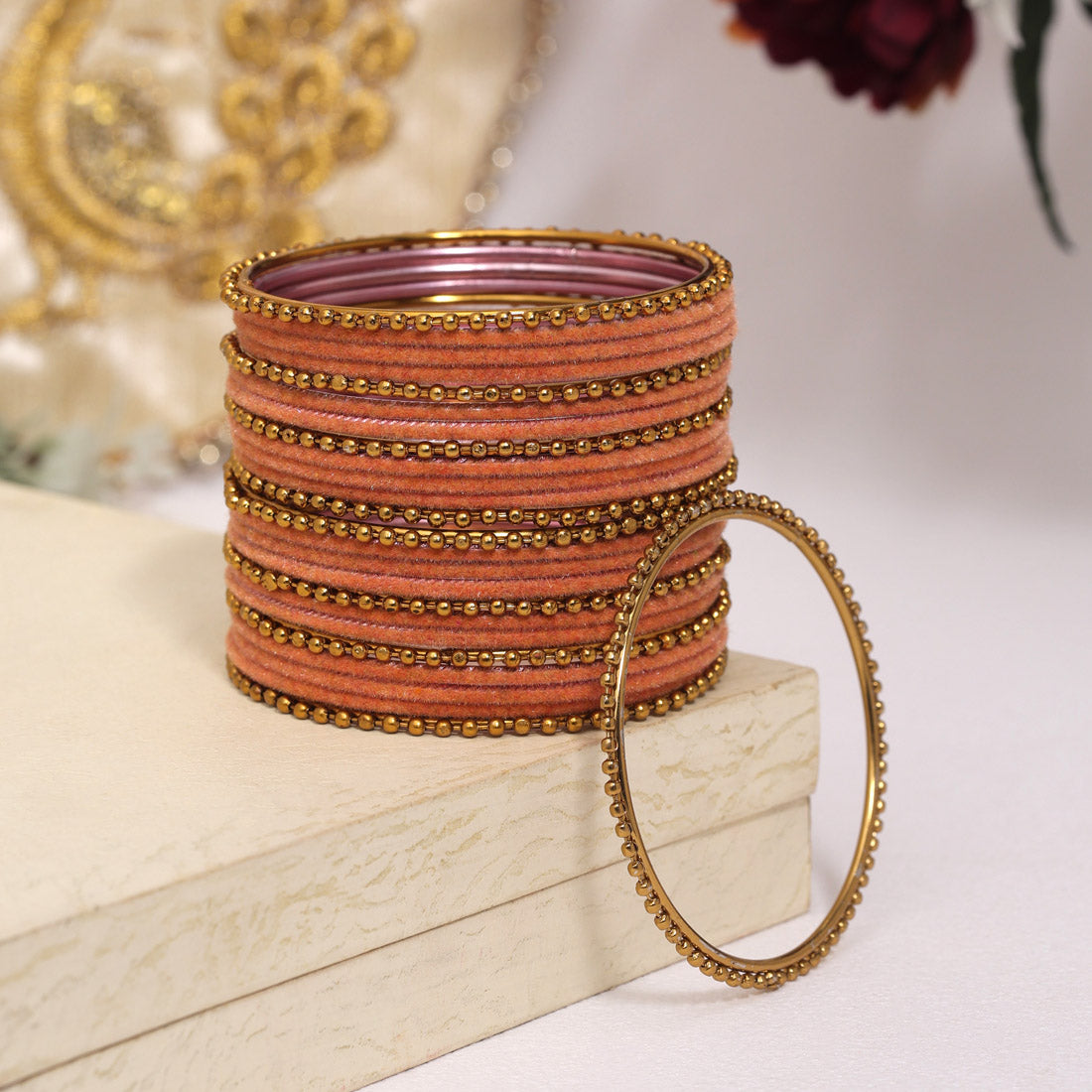 Dark Peach Color Velvet Work Bangle Set: 2.6 (TRB177DPCH-2.6) - preyans.com