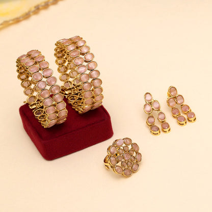 Pink Color 1 Pair Of American Diamond Bracelet & Ring & Earrings (ADB101CMB) - preyans.com