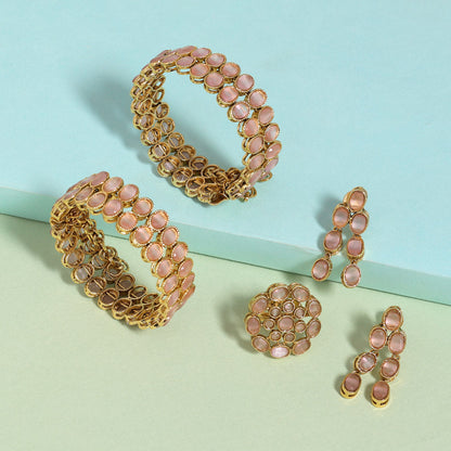 Pink Color 1 Pair Of American Diamond Bracelet & Ring & Earrings (ADB101CMB) - preyans.com