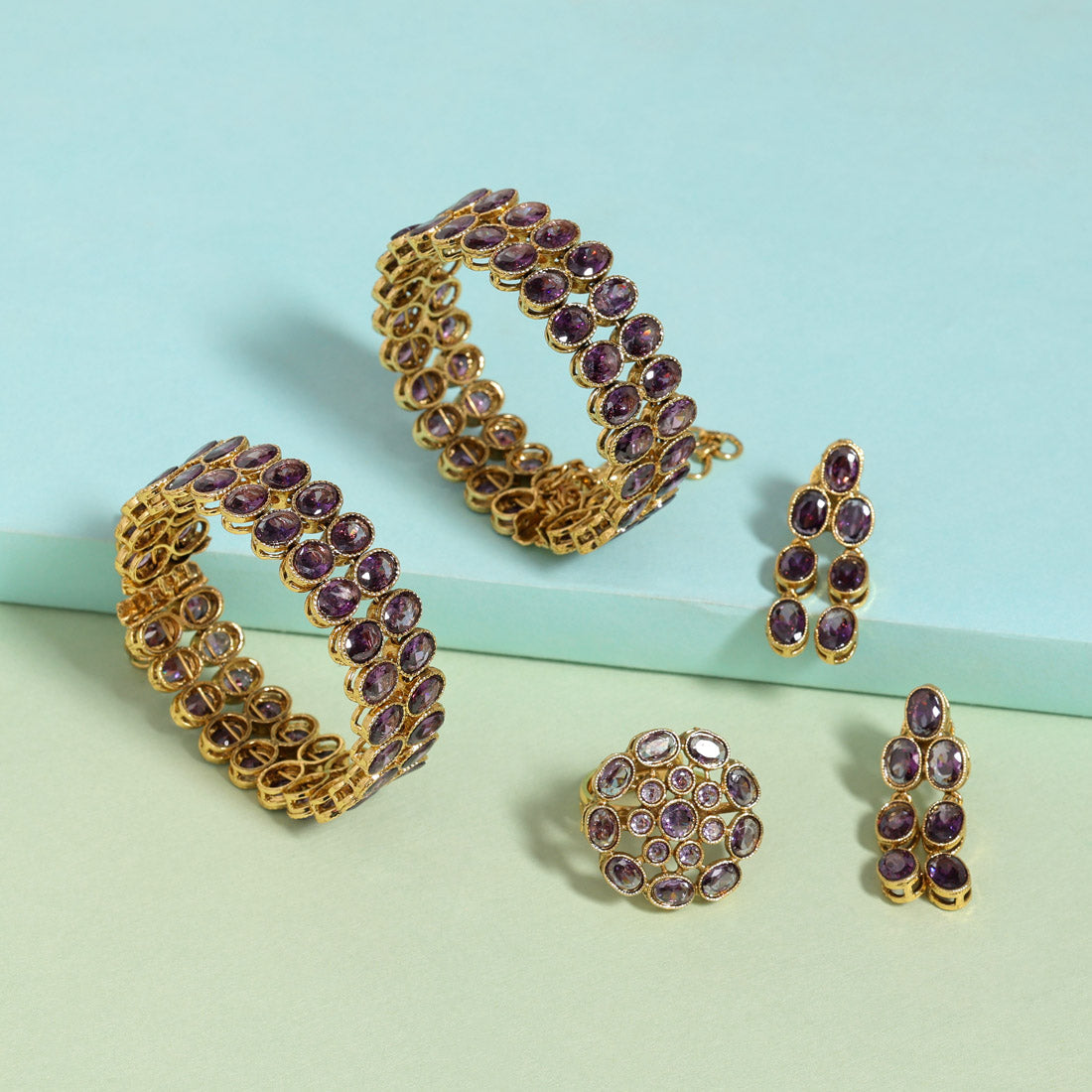 Purple Color 1 Pair Of American Diamond Bracelet & Ring & Earrings (ADB102CMB) - preyans.com