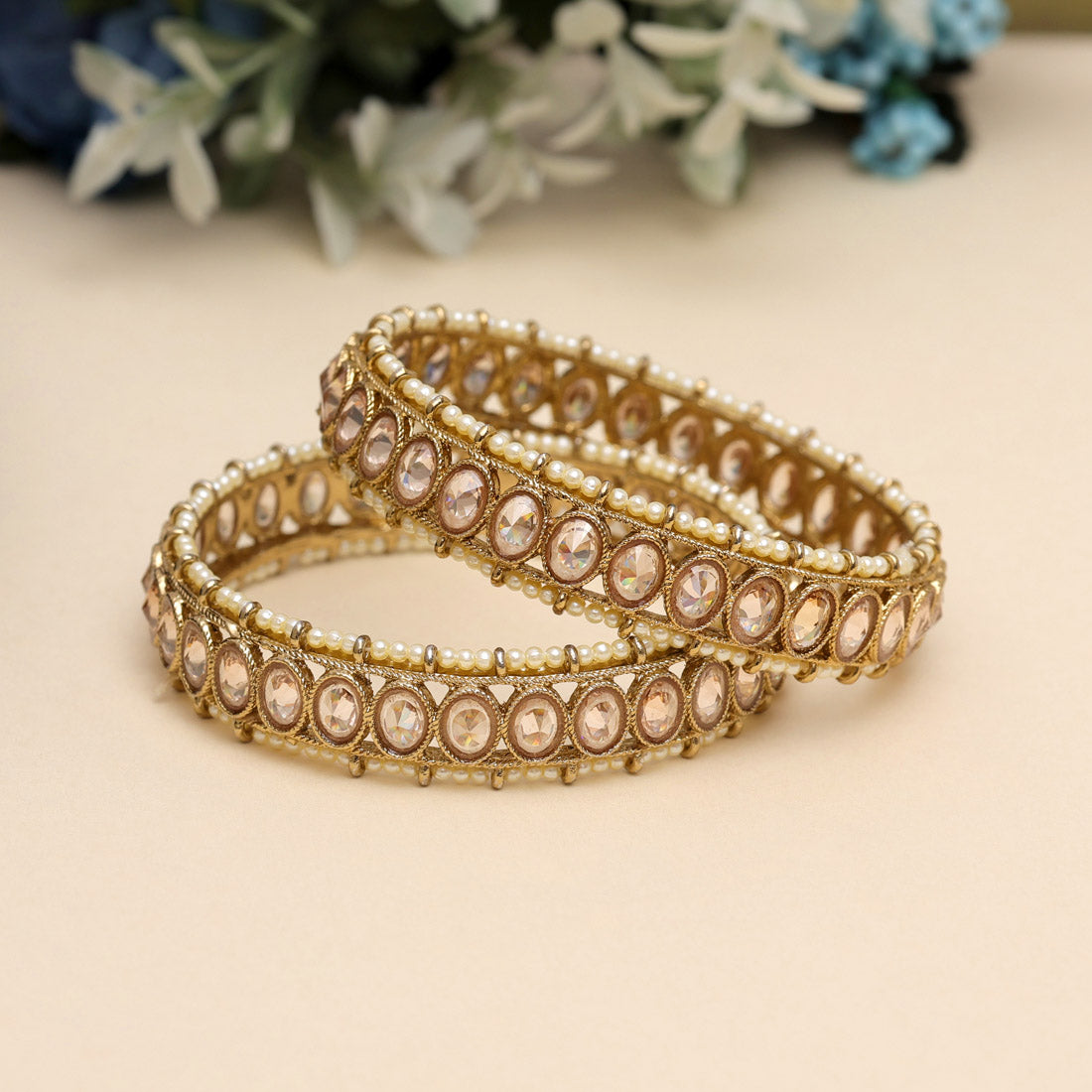 Gold Color 1 Pair Of American Diamond Bangle Size: 2.6 (ADB295GLD-2.6) - preyans.com