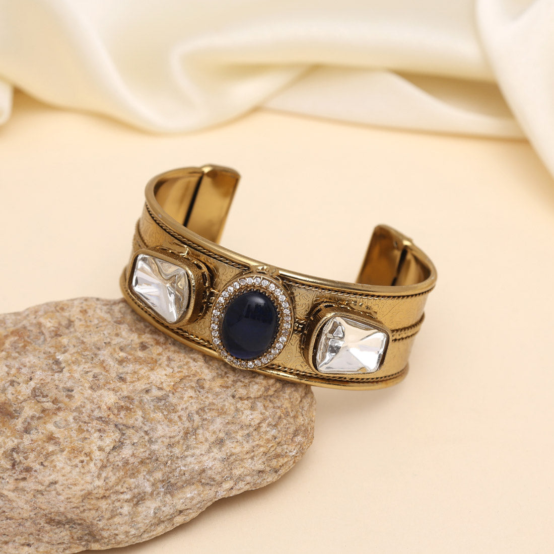 Blue Color Beautiful Handmade Handcuff Bracelets with Moissanite & Monalisa Stones Apala Polish on Brass Metal (ADB353BLU) - Preyans.com