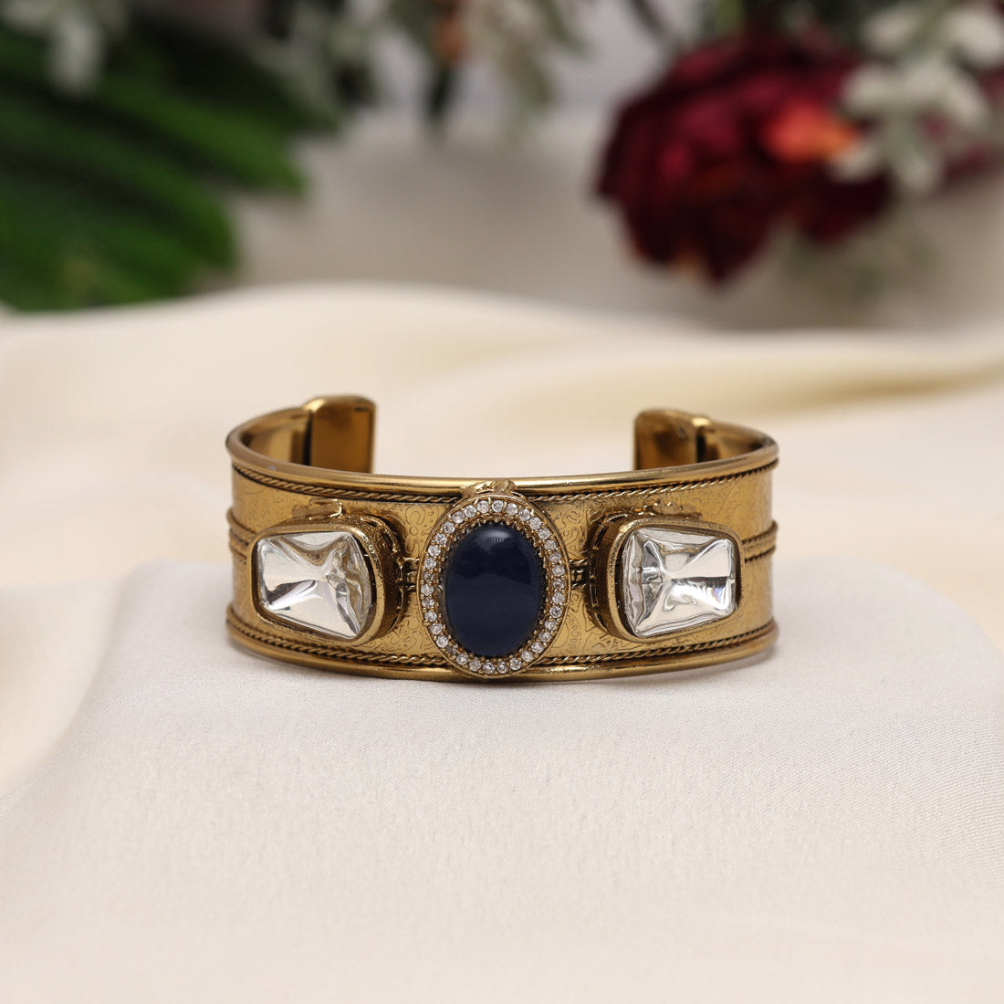 Blue Color Beautiful Handmade Handcuff Bracelets with Moissanite & Monalisa Stones Apala Polish on Brass Metal (ADB353BLU) - Preyans.com