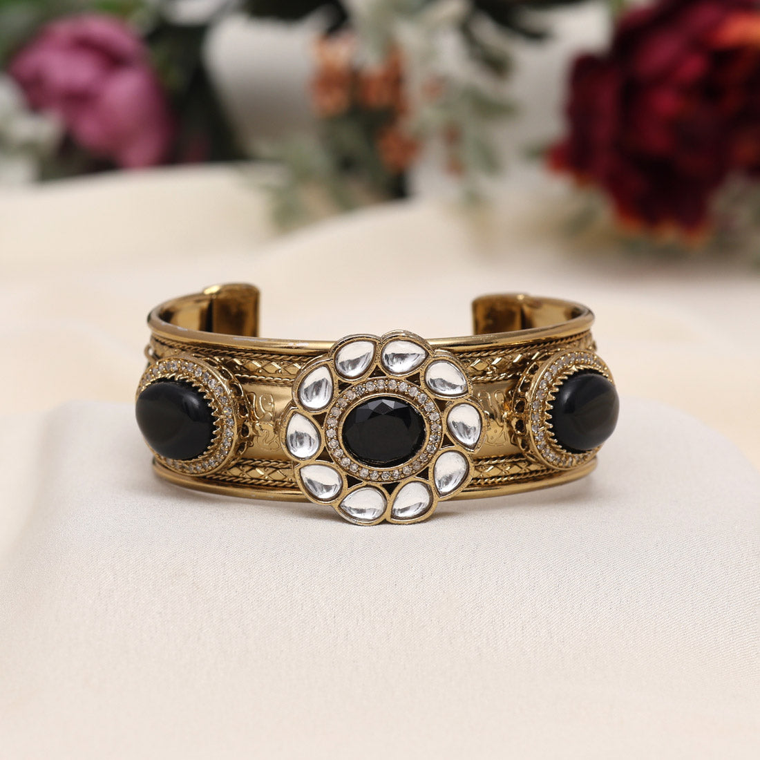 Black Color Beautiful Handmade Handcuff Bracelets with Moissanite & Monalisa Stones Apala Polish on Brass Metal (ADB354BLK) - Preyans.com