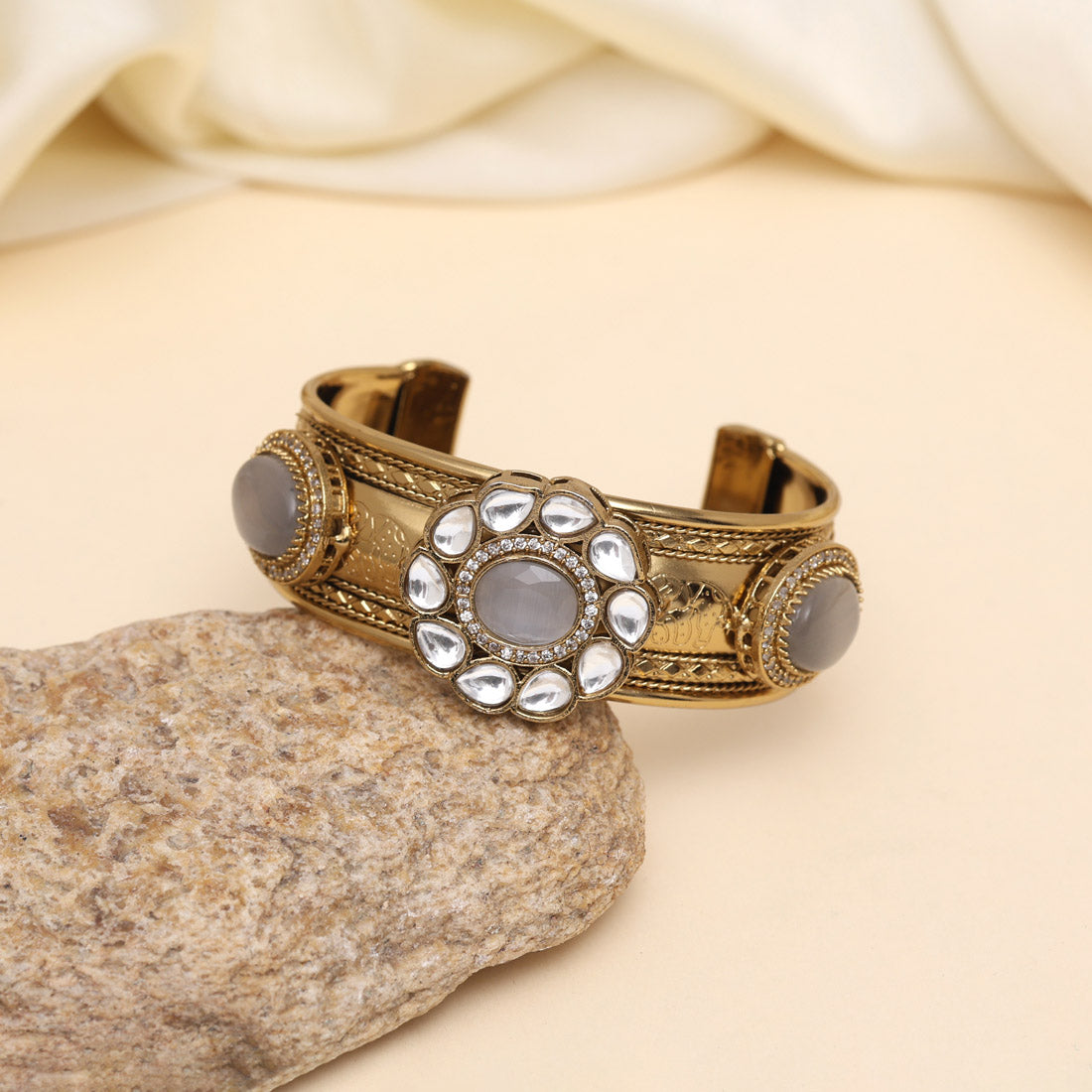 Grey Color Beautiful Handmade Handcuff Bracelets with Moissanite & Monalisa Stones Apala Polish on Brass Metal (ADB354GRY) - Preyans.com