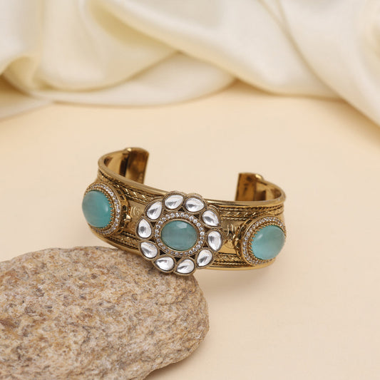 Sky Blue Color Beautiful Handmade Handcuff Bracelets with Moissanite & Monalisa Stones Apala Polish on Brass Metal (ADB354SBLU) - Preyans.com