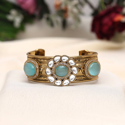 Sky Blue Color Beautiful Handmade Handcuff Bracelets with Moissanite & Monalisa Stones Apala Polish on Brass Metal (ADB354SBLU) - Preyans.com