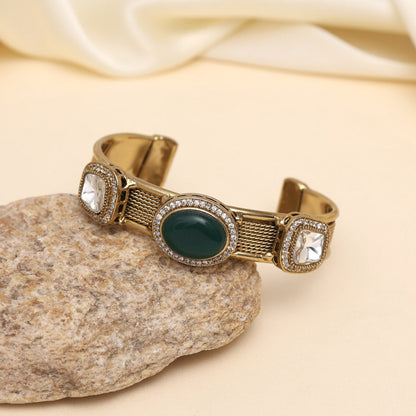 Green Color Beautiful Handmade Handcuff Bracelets with Moissanite & Monalisa Stones Apala Polish on Brass Metal (ADB356GRN) - Preyans.com