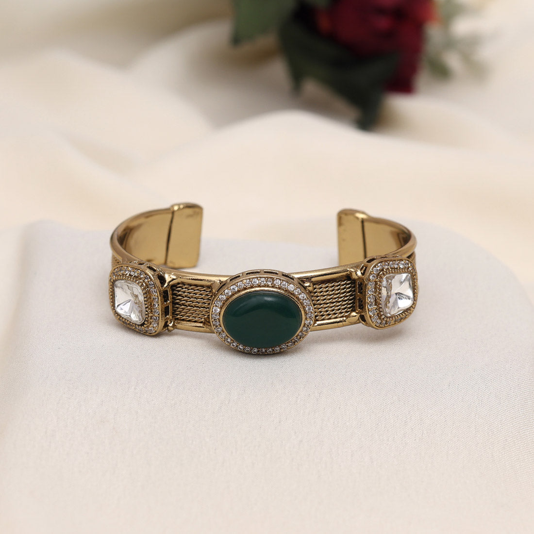 Green Color Beautiful Handmade Handcuff Bracelets with Moissanite & Monalisa Stones Apala Polish on Brass Metal (ADB356GRN) - Preyans.com