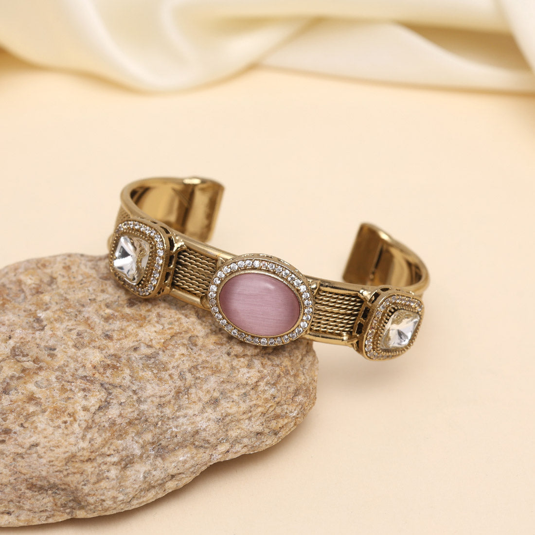 Pink Color Beautiful Handmade Handcuff Bracelets with Moissanite & Monalisa Stones Apala Polish on Brass Metal (ADB356PNK) - Preyans.com