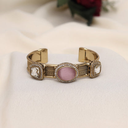 Pink Color Beautiful Handmade Handcuff Bracelets with Moissanite & Monalisa Stones Apala Polish on Brass Metal (ADB356PNK) - Preyans.com