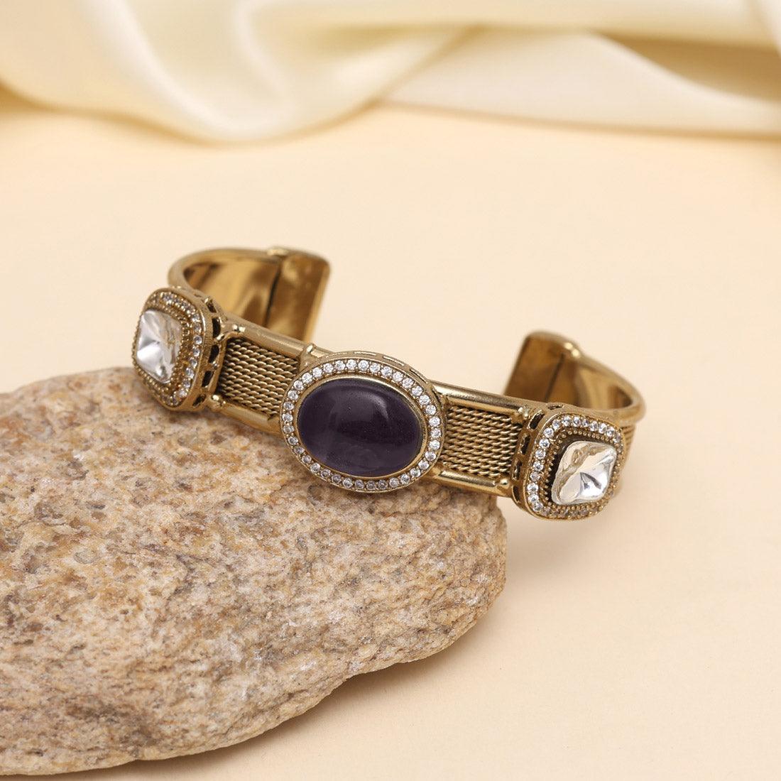 Purple Color Beautiful Handmade Handcuff Bracelets with Moissanite & Monalisa Stones Apala Polish on Brass Metal (ADB356PRP) - Preyans.com